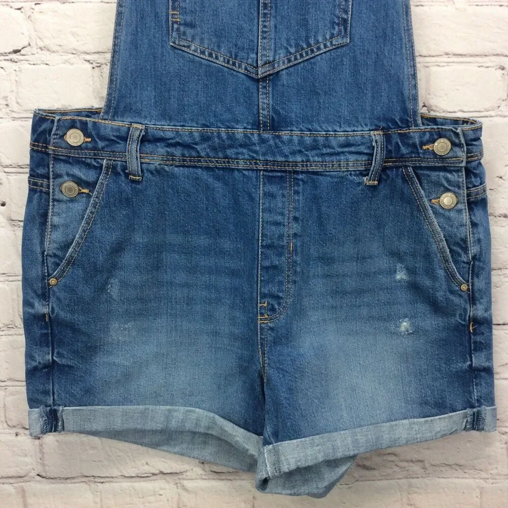 Bershka Denim Bib Shortalls Women's Size L Blue Distressed Cuffed Boho Festival